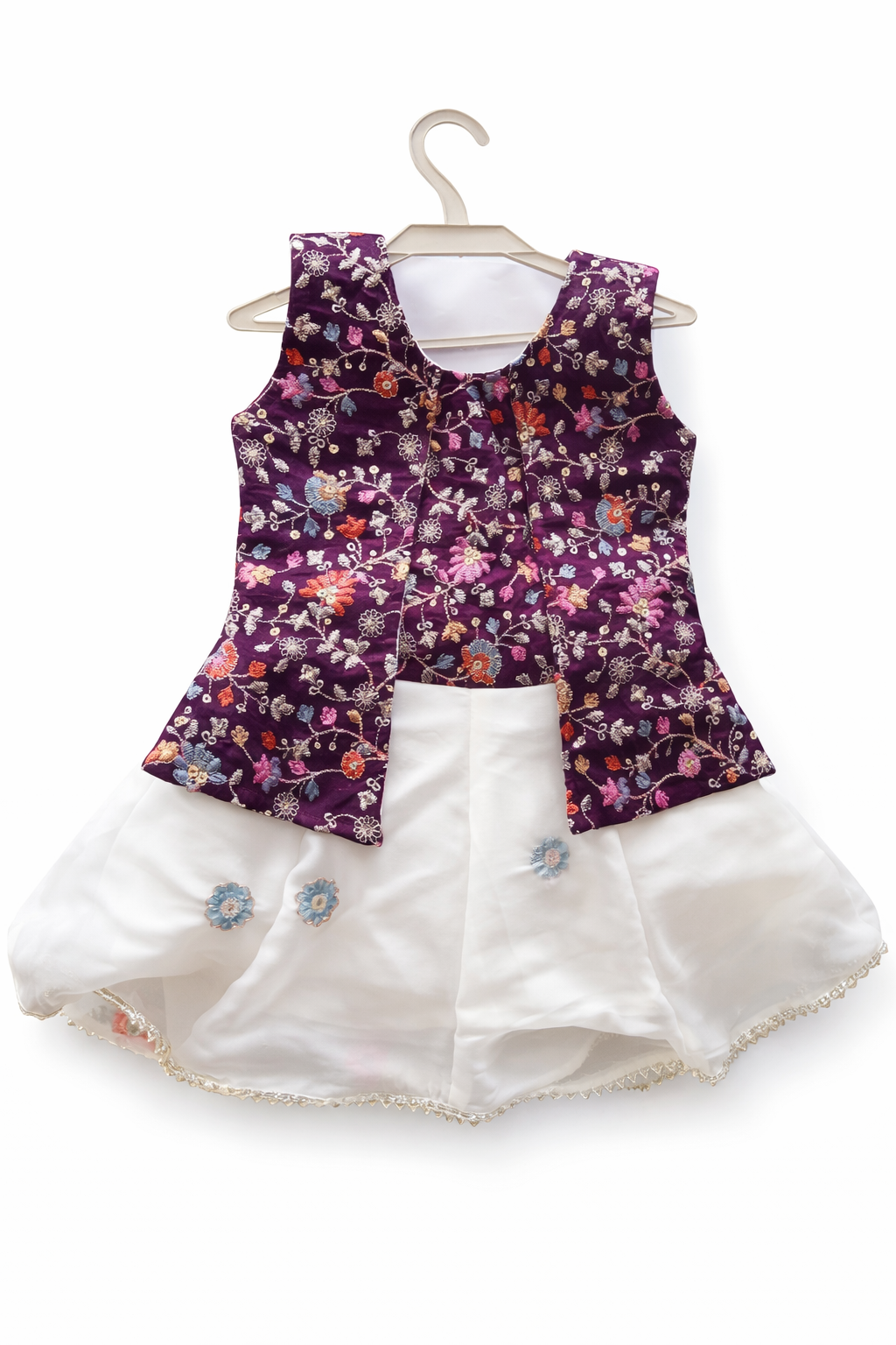 Girls Ethnic Embroidered Koti Style Frock - Festive Wine & White Party Wear Dress