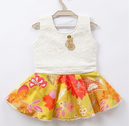 Ethnic Wear for Baby Girls - Sleeveless White Chikankari Work Top and Yellow Floral Lehenga Style Dress