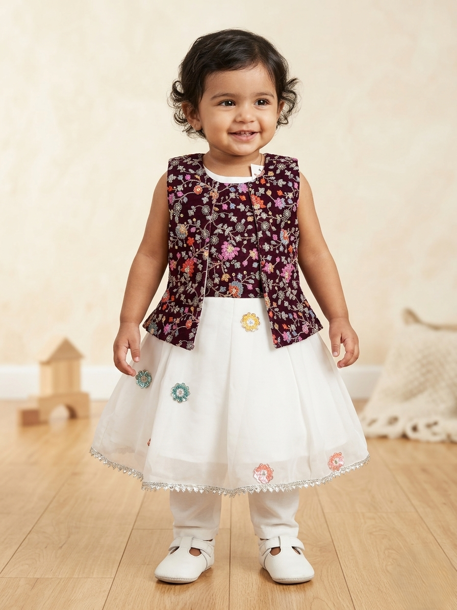 Girls Ethnic Embroidered Koti Style Frock - Festive Wine & White Party Wear Dress