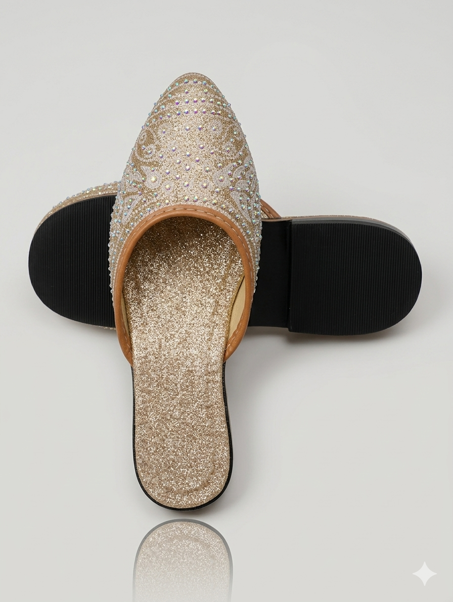 Handcrafted Gold Sparkle Jutti Mules – Embellished Pointed Toe Flat Slides for Weddings, Parties, and Ethnic Wear