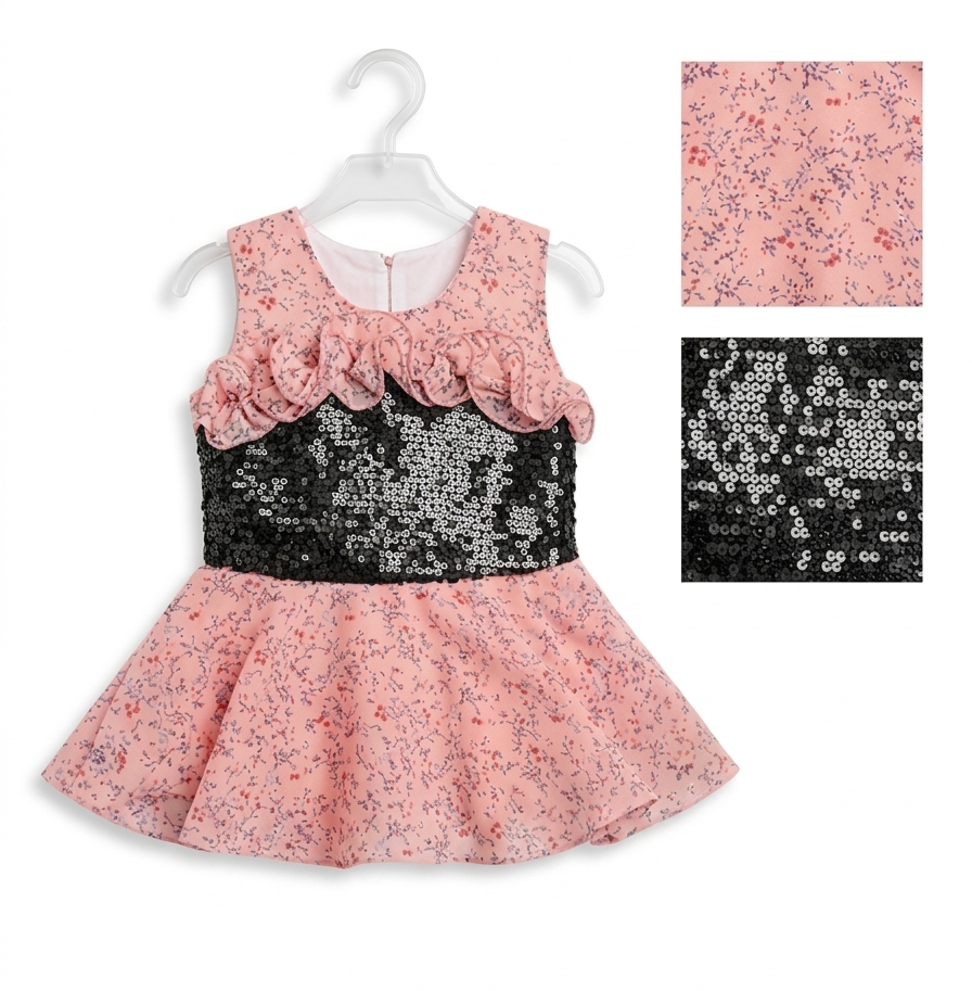 Baby Girls 2-Piece Birthday Party Outfit - Sparkly Sequin Pink Chiffon Top & Black Pants