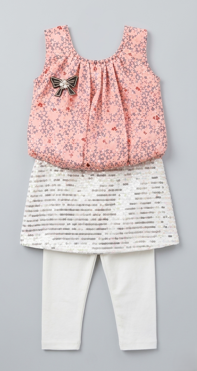 Girls’ Peach Floral Tunic with Attached Sequin Skirt and White Leggings – 2-Piece Party Outfit