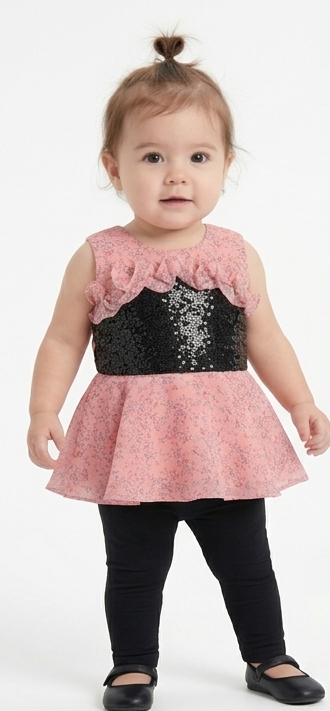 Sparkly Sequin Pink Chiffon Top & Black Pants - Baby Girls 2-Piece Birthday Party Outfit