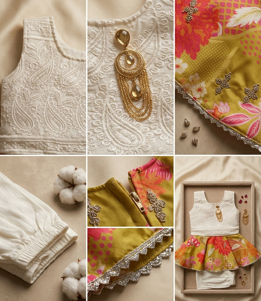 Ethnic Wear for Baby Girls - Sleeveless White Chikankari Work Top and Yellow Floral Lehenga Style Dress