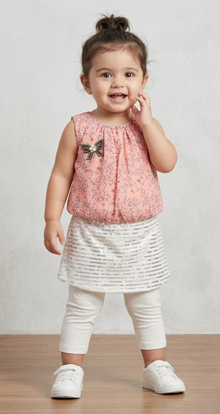 Girls’ Peach Floral Tunic with Attached Sequin Skirt and White Leggings – 2-Piece Party Outfit