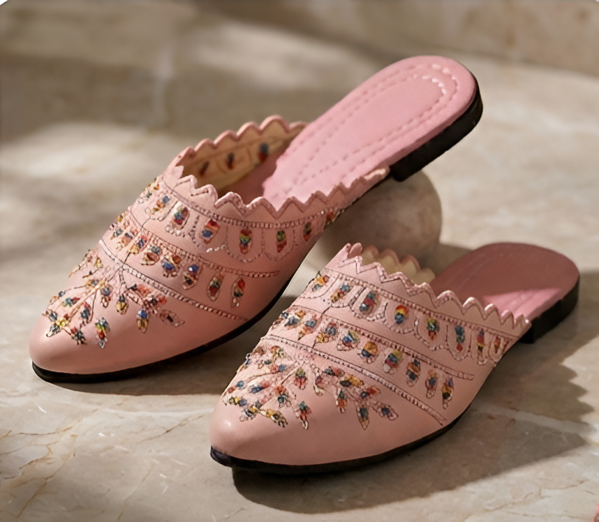 Fancy Women’s Pink Embroidered Ethnic Mule Jutti | Traditional Partywear Rajasthani Bellies for Weddings & Festivals