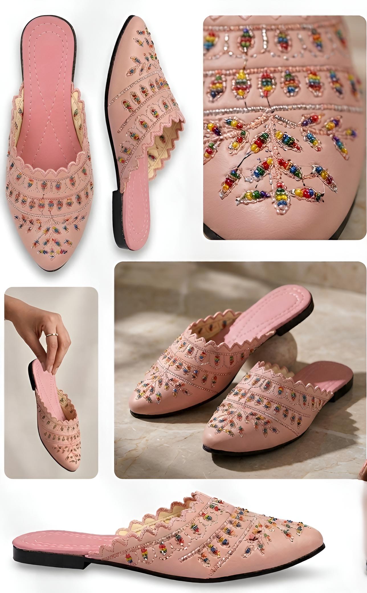 Fancy Women’s Pink Embroidered Ethnic Mule Jutti | Traditional Partywear Rajasthani Bellies for Weddings & Festivals