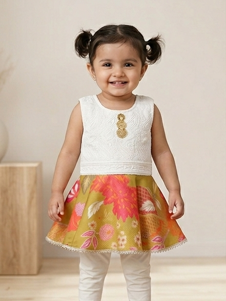 Ethnic Wear for Baby Girls - Sleeveless White Chikankari Work Top and Yellow Floral Lehenga Style Dress